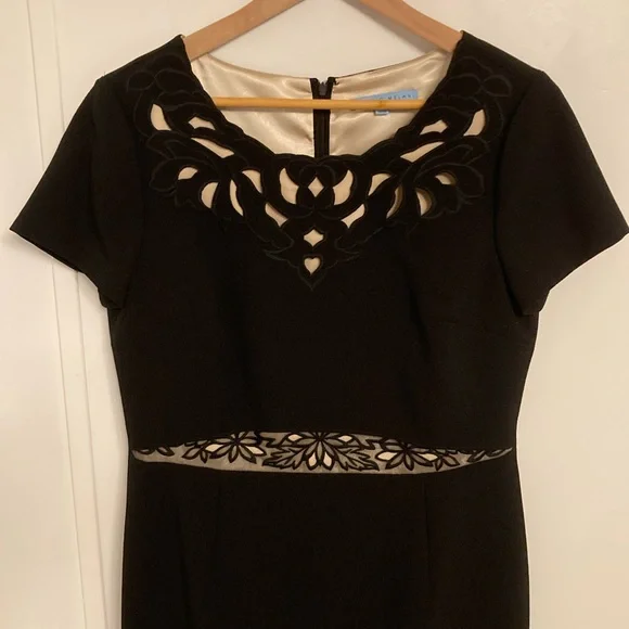 ANTONIO MELANI Black Midi Sheath Dress with Cutout Design Cap Sleeves Size 10 - Picture 2 of 14